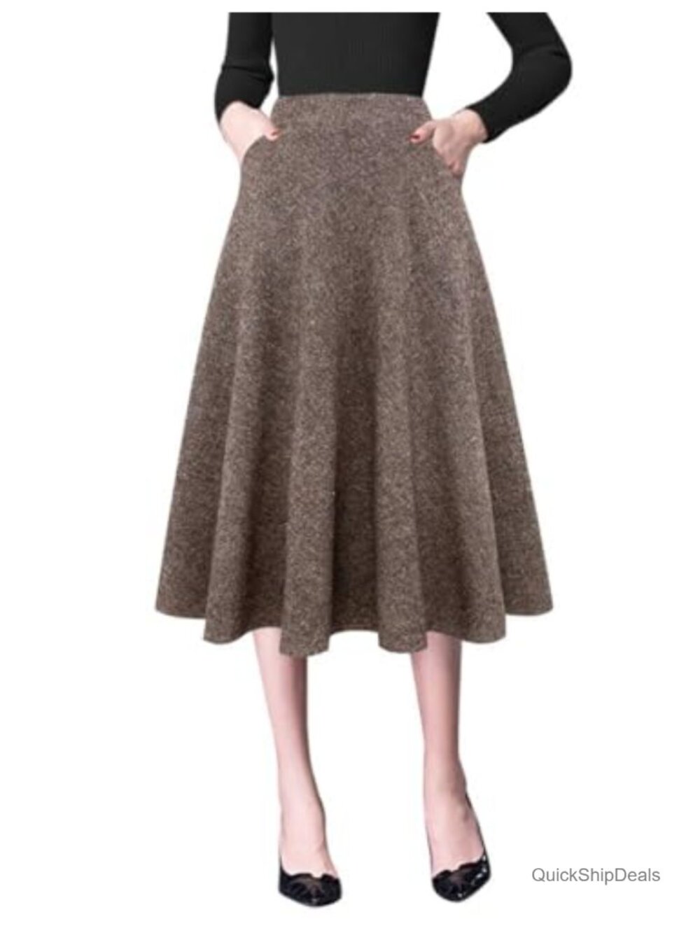 High Waist Pleated Midi Skirt Women Wool Blend Aline Fall Winter